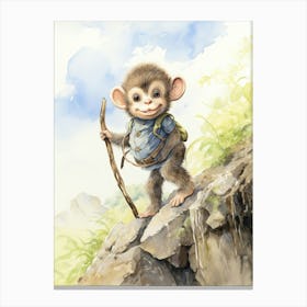 Monkey Painting Hiking Watercolour 2 Canvas Print