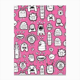 Happy Funky Monsters and Aliens Black and White on Hot Pink Kids Canvas Print