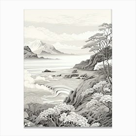 Shiretoko Peninsula In Hokkaido, Ukiyo E Black And White Line Art Drawing 4 Canvas Print