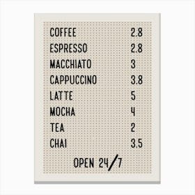 Coffee Shop Menu 1 Canvas Print