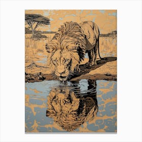 African Lion Relief Illustration Drinking 3 Canvas Print