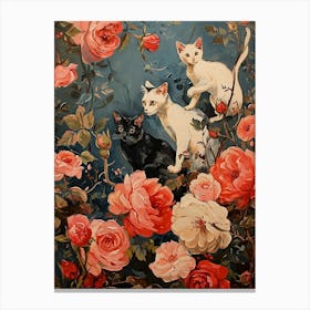 Brushstroke Painting Of Three Cats With Flowers Canvas Print