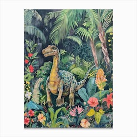 Dinosaur In Tropical Flowers Painting 1 Canvas Print