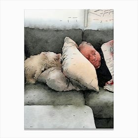 Watercolor Of A Dog Sleeping On A Couch Canvas Print