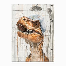Dinosaur Taking A Shower In A Shower Cap Dripping Paint Canvas Print