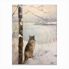 Vintage Winter Animal Painting Coyote 2 Canvas Print