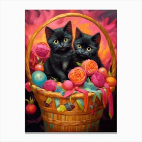 Black Kittens In A Basket Kitsch 4 Canvas Print