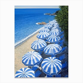 Striped Blue And White Beach Umbrellas In Italy 2 Canvas Print