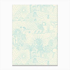 Hawaiian Toile Polynesian Hula Dance Tropical Landscape Pastel Blue Cream White Canvas Print