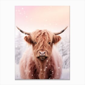 Highland Cow In The Snow Pink Filter Portrait 2 Canvas Print