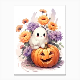 Cute Ghost With Pumpkins Halloween Watercolour 127 Canvas Print