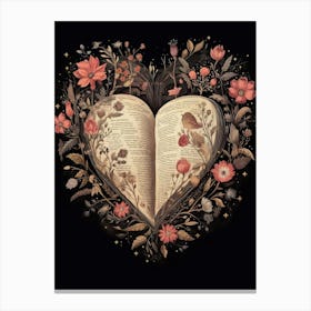 Black Background Vintage Floral Book Heart 1 Canvas Print