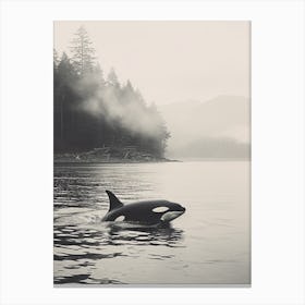 Misty Forest And Orca Whale Peeping Out Of Ocean Canvas Print