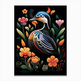 Folk Bird Illustration Wood Duck Canvas Print