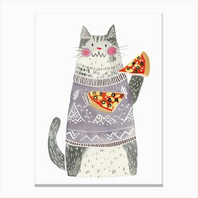 Happy Grey And White Cat Pizza Lover Folk Illustration 4 Canvas Print