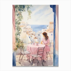 At A Cafe In Santorini Greece Watercolour Canvas Print