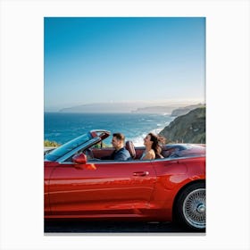 Couple Basks In Golden Hour Glow As They Drive A Vibrant Red Convertible Down A Coastal Highway Cli (5) Canvas Print