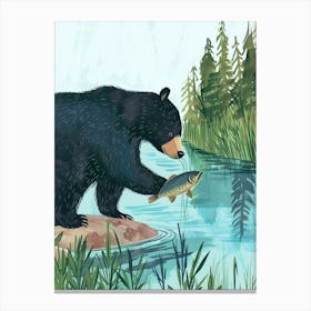 American Black Bear Catching Fish In A Tranquil Lake Storybook Illustration 2 Canvas Print