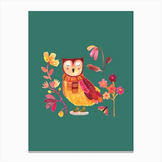 Owl With Boots Nursery Green Canvas Print
