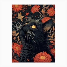 Black Cat In Flowers Canvas Print