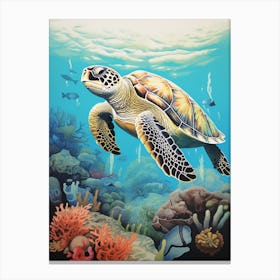 Sea Turtle In The Ocean Linograph Illustration 7 Canvas Print