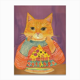 Happy Orange Cat Pizza Lover Folk Illustration 3 Canvas Print
