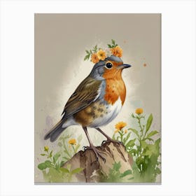 Robin With Flower Crown 15 Canvas Print