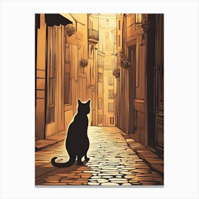 Black Cat In A Sunset Alley Canvas Print