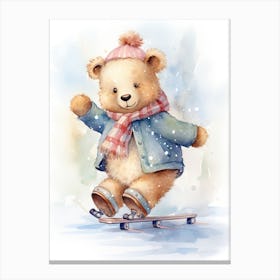 Ice Skating Teddy Bear Painting Watercolour 2 Canvas Print
