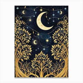 Golden Tree With Moon And Stars Canvas Print