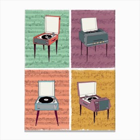 Vintage Record Players Multicoloured Musical Retro Canvas Print