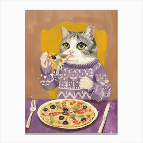 Happy Grey And White Cat Pizza Lover Folk Illustration 1 Canvas Print