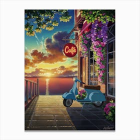 Anime Canvas Art: Vibrant Café Scene at Sunset with Vintage Scooter, Blooming Flowers, and Reflective Water, Perfect for Lofi Aesthetic and Nostalgic Urban Lovers. Canvas Print