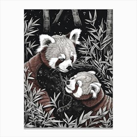 Red Panda Playing Together In A Meadow Ink Illustration 2 Canvas Print