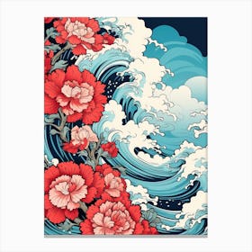 Great Wave With Carnation Flower Drawing In The Style Of Ukiyo E 1 Canvas Print