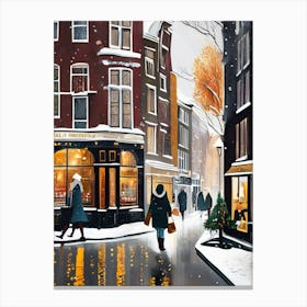 Amsterdam cafes, winter season, Christmas, autumn oil colors, pale colors, pedestrians in the street, winter clothes, falling snow.12 1 Canvas Print