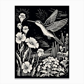 B&W Bird Linocut Hummingbird 1 Canvas Print