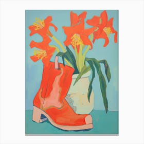 A Painting Of Cowboy Boots With Daffodils Flowers, Fauvist Style, Still Life 5 Canvas Print