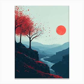 Red Trees In The Valley, Minimalism Canvas Print