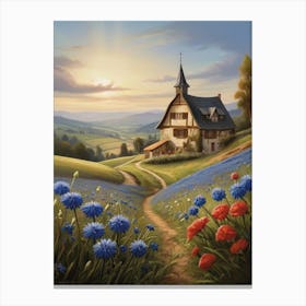 House In The Meadow Landscape Painting Canvas Print