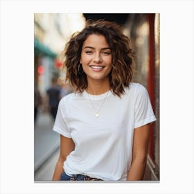 Confident Young Woman Smiling Posing In A Chic Stylish T Shirt Mid Shot Focus On Intricate Deta 2 Canvas Print