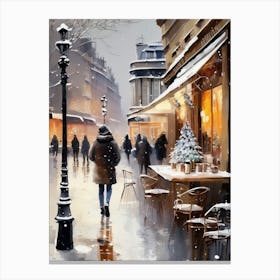 Paris cafes, winter season, Christmas, autumn oil colors, pale colors, pedestrians in the street, winter clothes, falling snow.Christmas decorations.8 2 Canvas Print