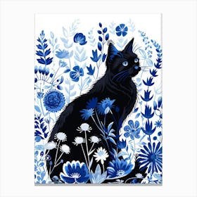 Black Cat In Blue Flowers 4 Canvas Print