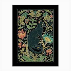 William Morris  Inspired Cats Collection Black Background Leaves Green Canvas Print
