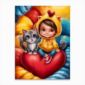 Little Girl With Cat On Heart Canvas Print