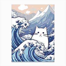 Hokusai Great Wave White Cat Kawaii Cartoon Mount Fuji Canvas Print