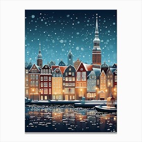 Winter Travel Night Illustration Copenhagen Denmark 3 Canvas Print
