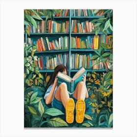 A Girl Lying On Their Back Reading Books With Yellow Rubber Shoes Placed Under Their Feet Surrounded By Various Bookshelves Filled With Colorful Books Canvas Print