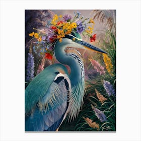 Blue Heron With Flowers 10 Canvas Print