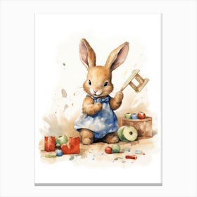 Bunny Playing With Toys Rabbit Prints Watercolour 4 Canvas Print